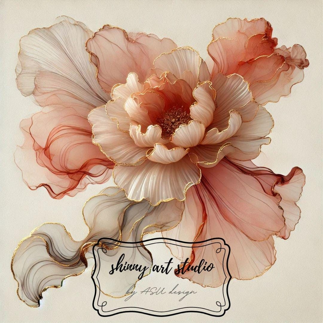 7-alcohol-ink-floral-art-print-set-gold-detail-abstract-flowers-etsy
