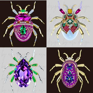 Op de afbeelding: Vier broche's met juwelenbezette kevers met verschillende edelstenen. De kevers zijn gemaakt van goud en hebben ingewikkelde details. De edelstenen zijn smaragd, amethist, robijn en saffier.
