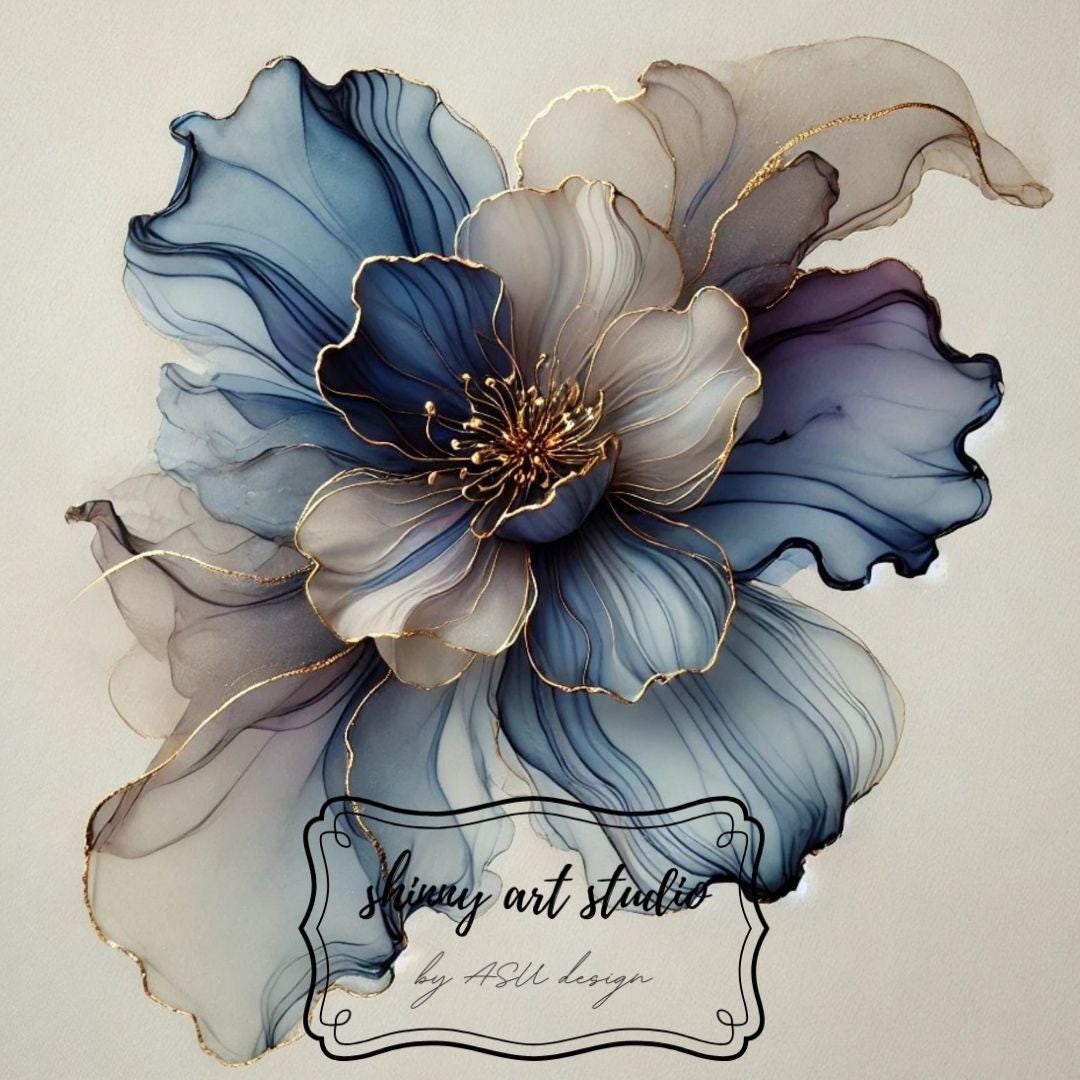 7-alcohol-ink-floral-art-print-set-gold-detail-abstract-flowers-etsy