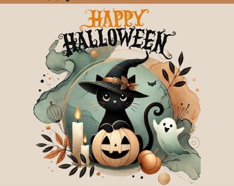 Gatto nero di Halloween con cappello di strega Immagine e Vettoriale