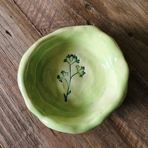 Può includere: Una piccola ciotola in ceramica verde chiaro fatta a mano, con un bordo ondulato e irregolare. La ciotola presenta un rametto di foglie verdi dipinto a mano al centro. Appoggiata su una superficie di legno rustico.
