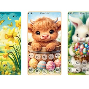Peut inclure: Trois cartes rectangulaires illustrant des thèmes printaniers. La première montre des jonquilles jaunes et des papillons avec divers montants en euros. La deuxième représente un veau duveteux dans un tonneau en bois avec des œufs de Pâques. La troisième montre un lapin blanc tenant un panier d'œufs colorés.