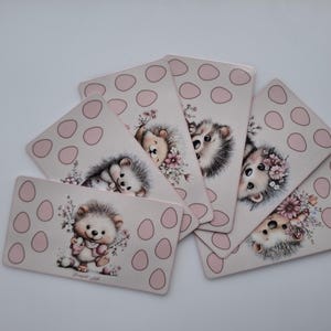 Op de afbeelding: Een verzameling rechthoekige kaarten met een lichtroze achtergrond en een patroon van roze ovalen. Elke kaart toont een andere illustratie van een schattige egel met bloemen. De egels hebben zachte vacht en staan in verschillende poses.