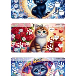 以下が含まれることがあります： 1月、2月、3月の子猫が描かれた3枚の長方形の貯金チャレンジカード。各カードには子猫、季節のモチーフ、ユーロ金額と「Dobbelen」という文字が記された円形や肉球型のスペースが配置されており、貯金の進捗を記録できるようになっています。