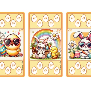 May include: Three rectangular savings challenge cards featuring Easter themes. Each card displays illustrations of chicks, bunnies, colorful eggs, rainbows, and flowers, with heart-shaped sunglasses on the animals. Egg-shaped icons with currency values are printed on the top and bottom sections of each card.