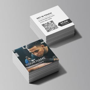 Custom 2.5 inch square business cards with client photo on front and QR code on back, printed full color on thick cardstock