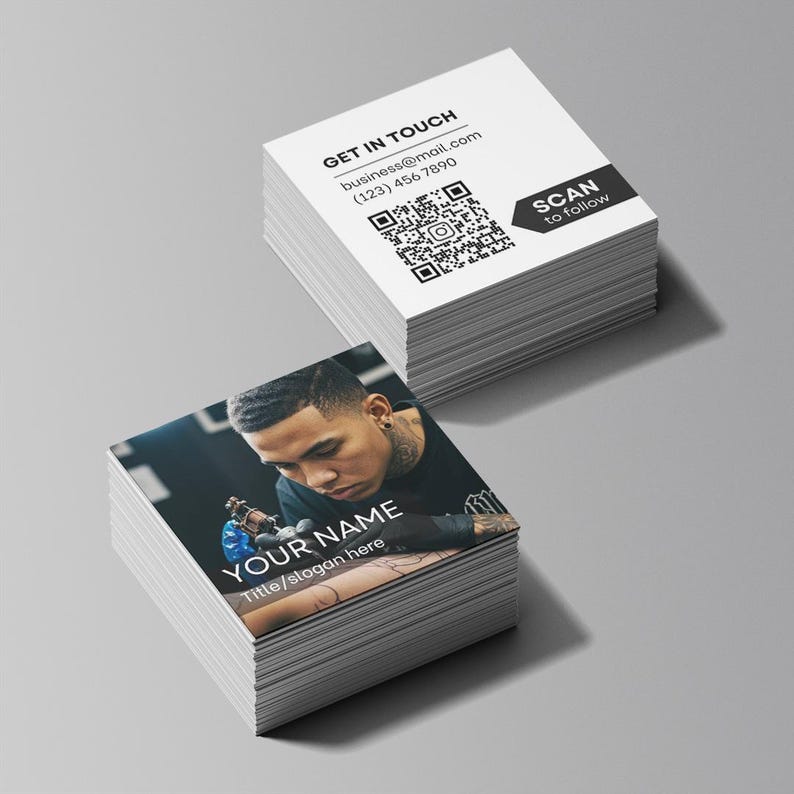 Custom 2.5 inch square business cards with client photo on front and QR code on back, printed full color on thick cardstock