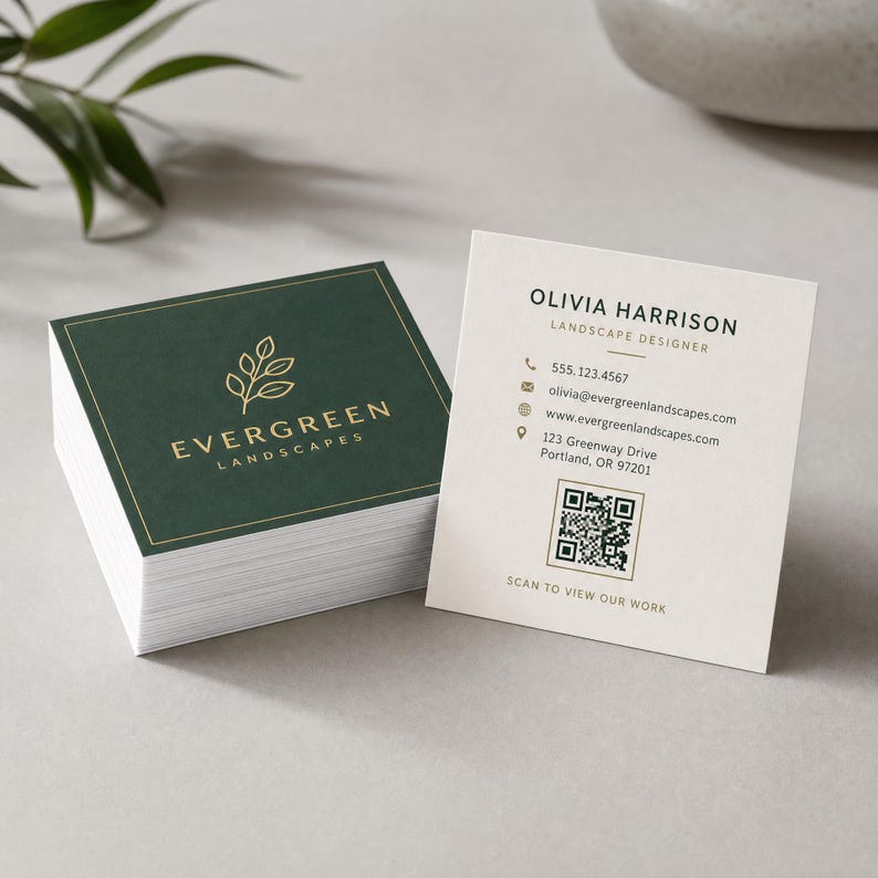 Two square business cards side by side comparing the soft matte finish with the high gloss finish in natural light.