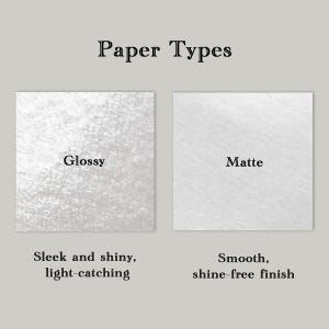 Glossy vs Matte paper types comparison for custom business cards, showing sleek shiny glossy finish and smooth shine-free matte finish. Perfect for personalized print options on KeyArtMarketing Etsy shop.