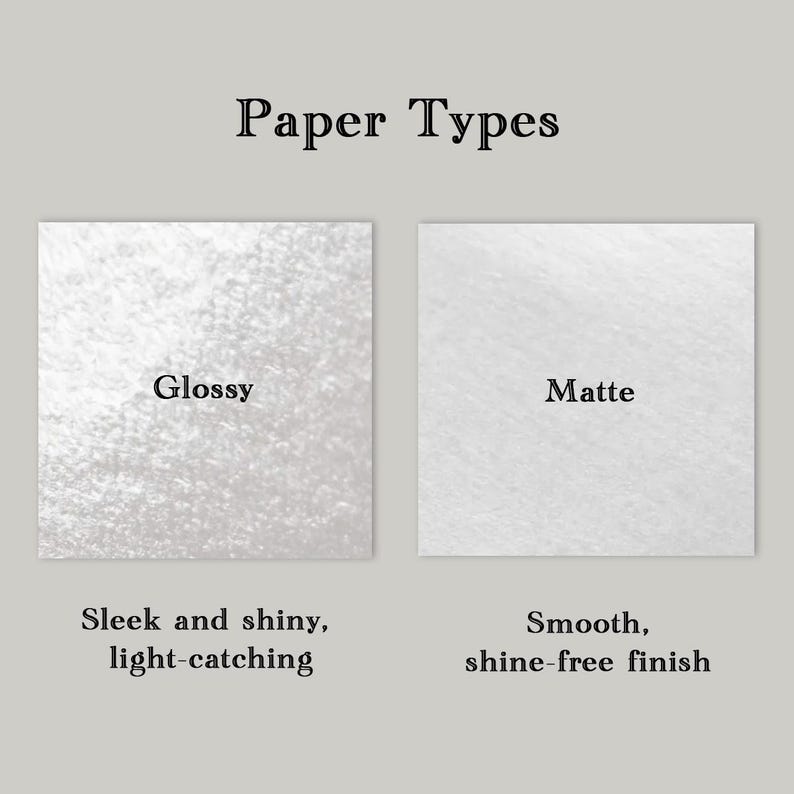 Glossy vs Matte paper types comparison for custom business cards, showing sleek shiny glossy finish and smooth shine-free matte finish. Perfect for personalized print options on KeyArtMarketing Etsy shop.