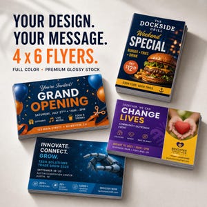 Impression de flyers 10 x 15 cm personnalisés en couleur | Flyers recto verso brillants avec vernis UV pour événements, salons de coiffure, salles de sport et petites entreprises
