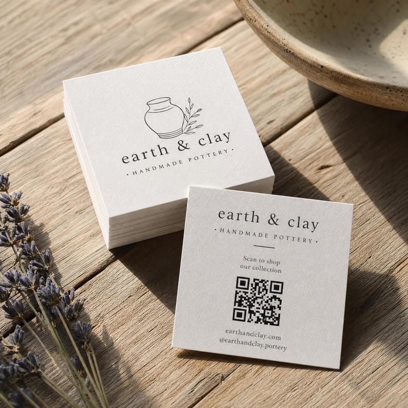 Square business cards on a wood desk with a phone camera scanning the QR code on the top card.