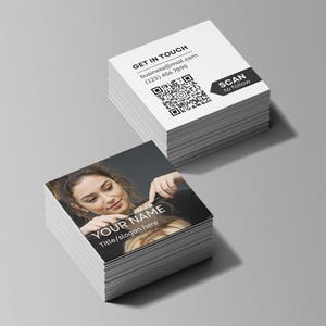 Design proof preview for square photo card showing personalized layout with photo, logo, and QR code