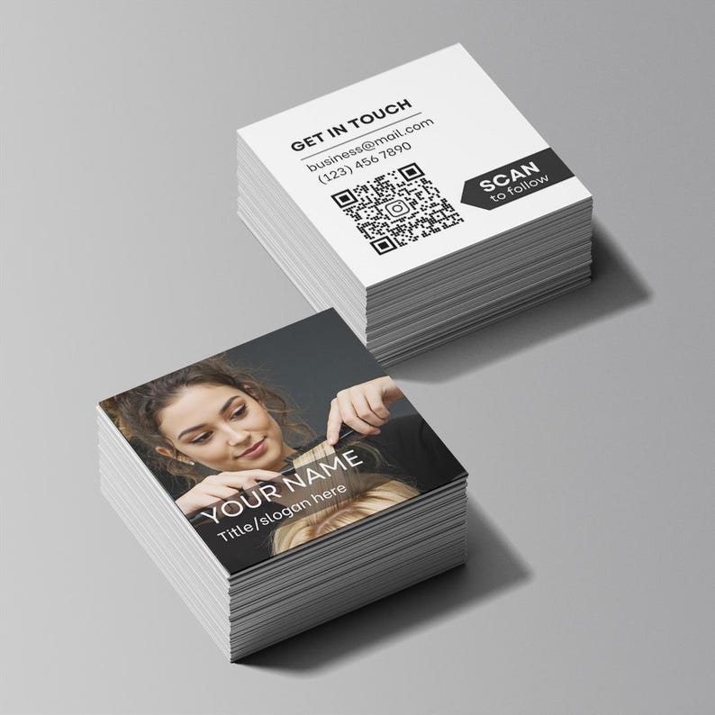 Design proof preview for square photo card showing personalized layout with photo, logo, and QR code