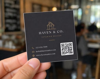 Black Business Cards with QR Code | Luxury Matte and Glossy Square Cards Printed Double Sided | Custom Logo, Photo and Contact Details