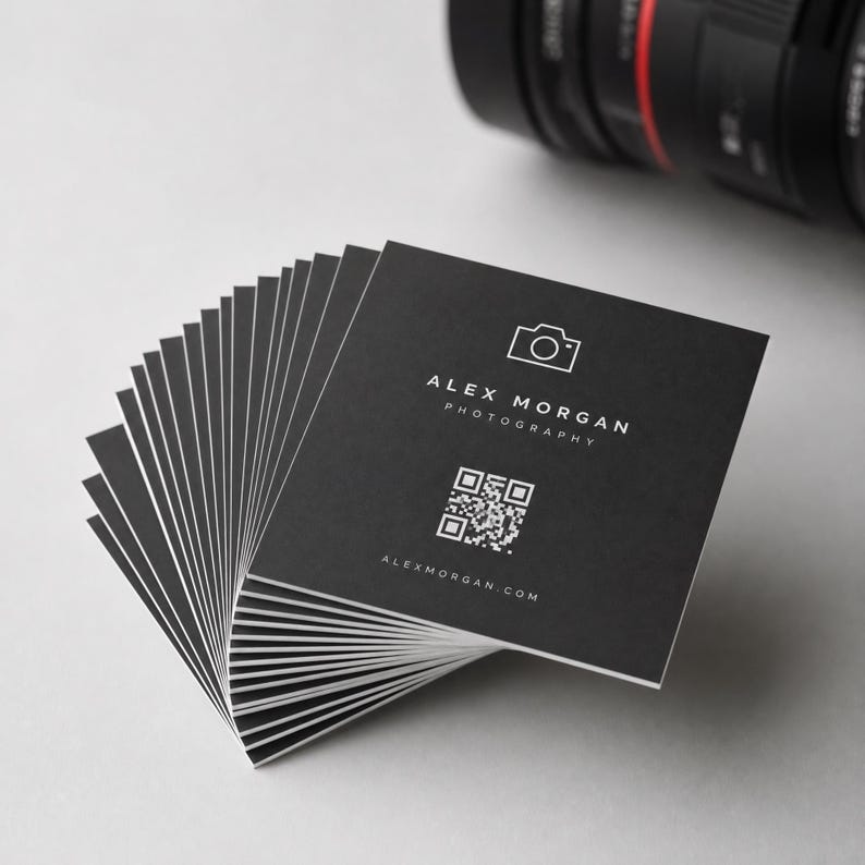 Close up of the back of a square business card with a crisp black QR code that links to a booking page.