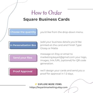 Step-by-step guide showing how to order custom square business cards with your logo, QR code, and brand colors for photographers, realtors, or small businesses.