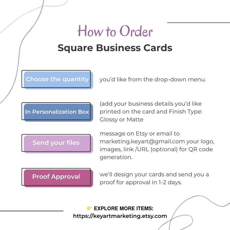 Step-by-step guide showing how to order custom square business cards with your logo, QR code, and brand colors for photographers, realtors, or small businesses.