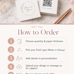 Four step ordering guide for custom square business cards: choose your quantity, add personalization details, send your design files, then approve the free proof.