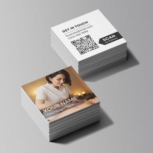 Double-sided square photo business card showing a professional portrait on front and scannable QR code on back