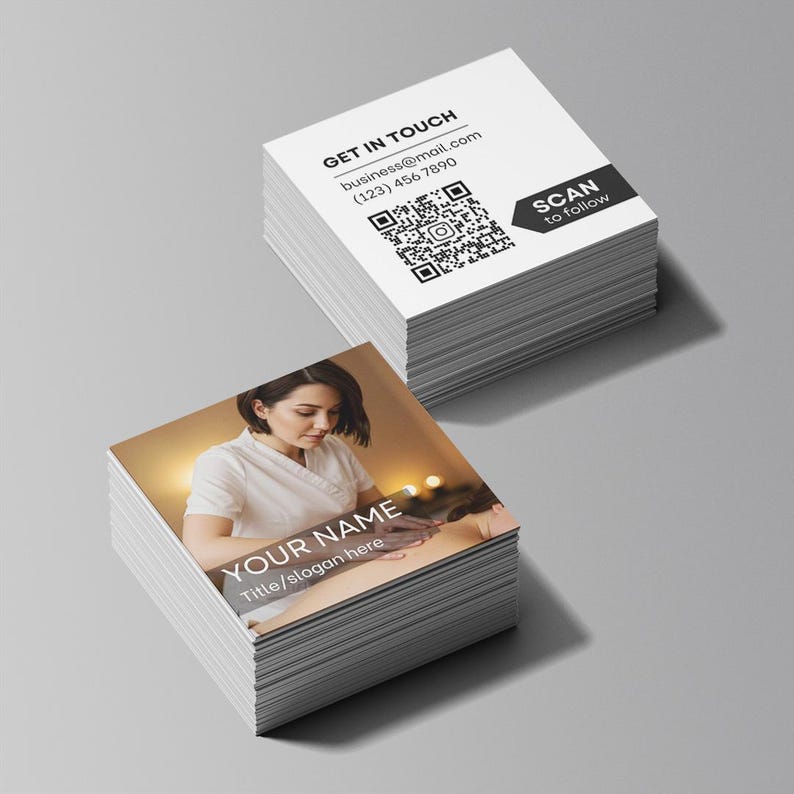 Double-sided square photo business card showing a professional portrait on front and scannable QR code on back