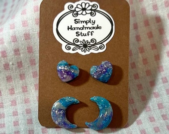 Polymer Clay Earrings, Stud Earrings, Moon Shaped earrings, Blue and Purple Earrings,Clay Earrings, Faux Stone Earrings, Lightweight Jewelry