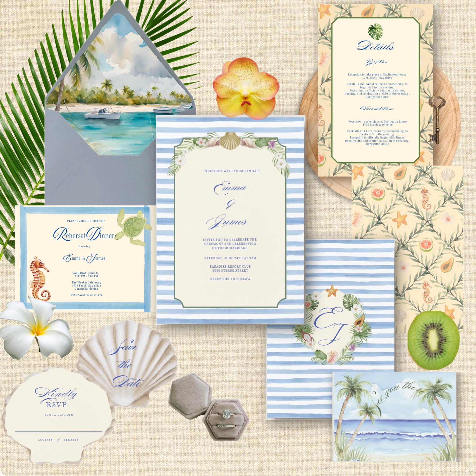 Beach Wedding Invitation Suite Template Tropical Wedding Invite Coastal ...