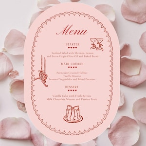 Kokette MENÜ Junggesellenabschied Menü Galentines Partydekoration Menüvorlage elegante Tischkarten Vorlage Bögen Babypartymenü