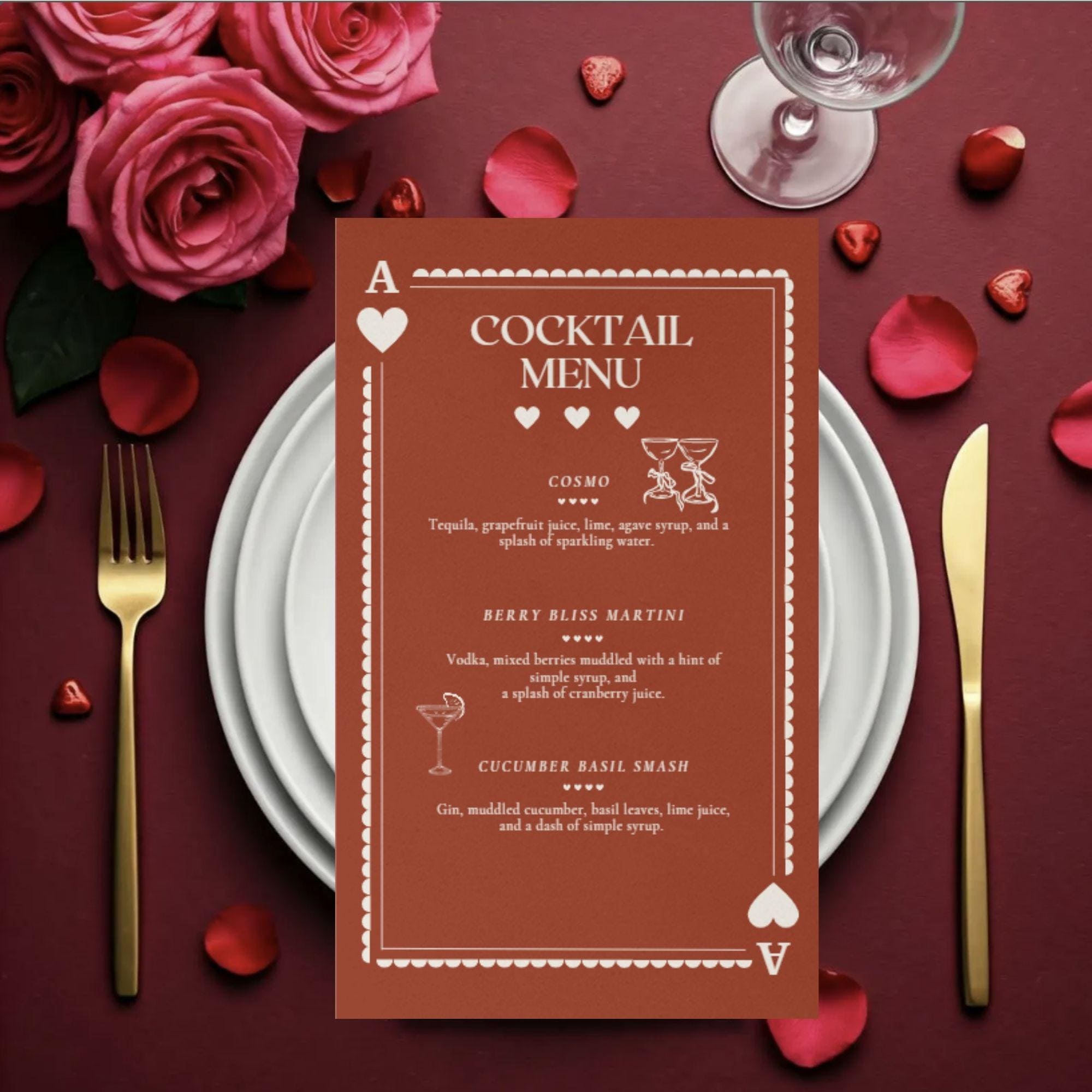 Valentines Day Inspired Wedding Dinner and Cocktail Menu Template Red ...