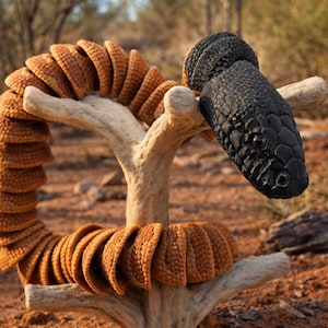 May include: A sculpture of a snake made from brown, textured segments, coiled around a light-colored branch. The snake's head is black with detailed scales and two small, round eyes. The background is a blurred outdoor scene.