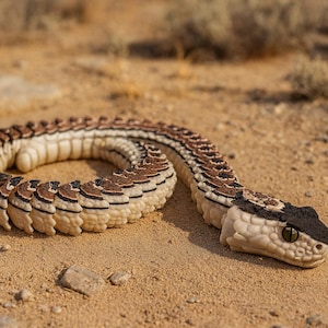 May include: A detailed image of a snake resting on sand. The snake has a cream-colored belly and a pattern of brown and black scales on its back. Its head is black and cream with a detailed eye.
