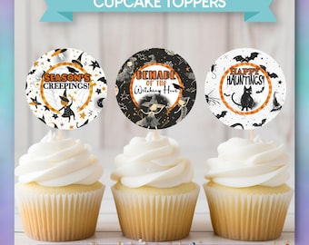 PRINTABLE Cupcake Decorations Template | Halloween Theme | Spooky Witches & Black Cats Theme  |  PDF | Instant Download