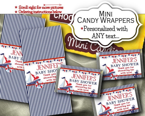 Mini Candy Wrappers, Birthday Party, Baby Shower, Nautical Theme, Navy Stripes, Sail Boat, Anchor, Sea, Ocean, Beach, Navy, Red Il_570xn