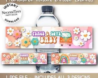 PRINTABLE Water Bottle Labels | PDF | Groovy Baby Theme | Baby Shower | Print Your Own |  Instant Download