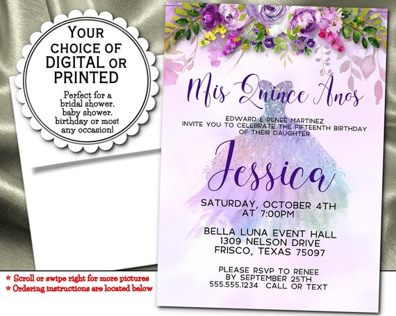 Party Invitations, Digital or Printed, Watercolor Florals, Roses, Lavender, Lilac, Pink, Birthday, Quinceanera, Sweet 16 Il_570xn