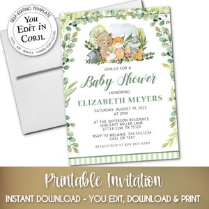 PRINTABLE Party Invitations, Baby Forest Woodland Animals, Baby Shower, Bear, Fox, Racoon, Hedgehog, Birthday, You Edit in Corjl