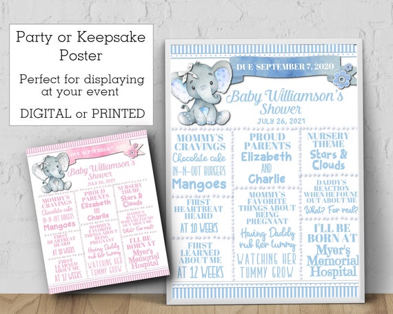 Baby Shower Poster, 8x10, 11x14, 16x20, 18x24, Baby Elephants, Boy or Girl, Pastel Pink or Blue, Stripes, Polka Dots Il_570xn