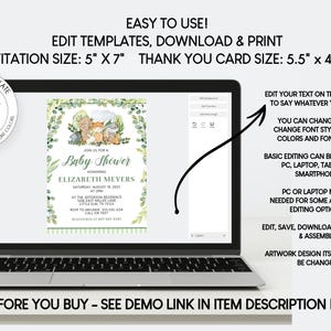 May include: A laptop displays a baby shower invitation template with woodland animal illustrations. The invitation size is 5" x 7", and the thank you card size is 5.5" x 4.25". Text on the screen says "Easy to Use! Edit Templates, Download & Print."