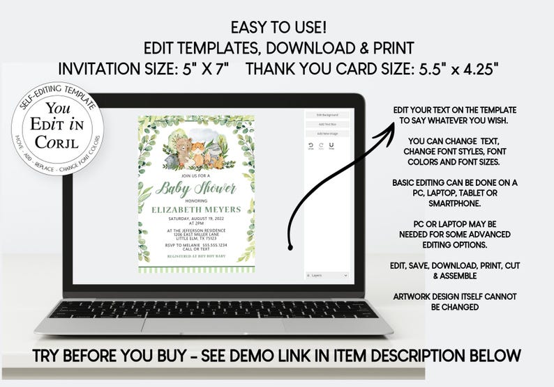 May include: A laptop displays a baby shower invitation template with woodland animal illustrations. The invitation size is 5" x 7", and the thank you card size is 5.5" x 4.25". Text on the screen says "Easy to Use! Edit Templates, Download & Print."