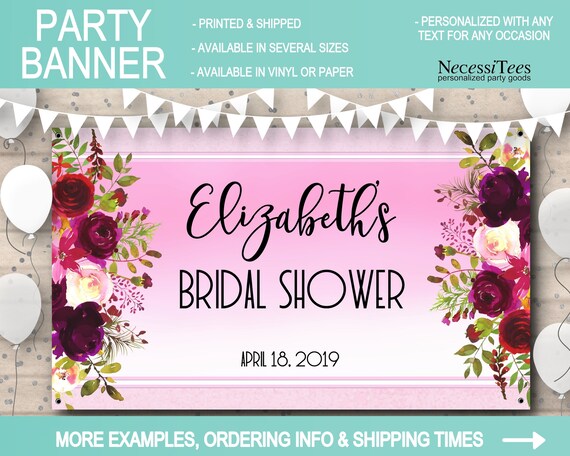 Vinyl Or Paper Party Banner, In 4 Sizes, Wine, Burgundy, Pink Roses, Florals, Baby, Bridal Shower, Birthday, Quince, Sweet 16, Backdrop Il_570xn