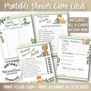 Jeux de société à imprimer pour baby shower, 4 cartes d'activités pour baby shower, bébés animaux de la forêt - lot 1