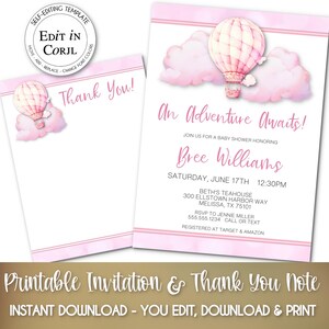 Convite para festa EDITÁVEL e cartão de agradecimento | Balão de ar quente pastel | Cor pastel rosa | Noiva, chá de bebê, aniversário | Você edita em Corjl