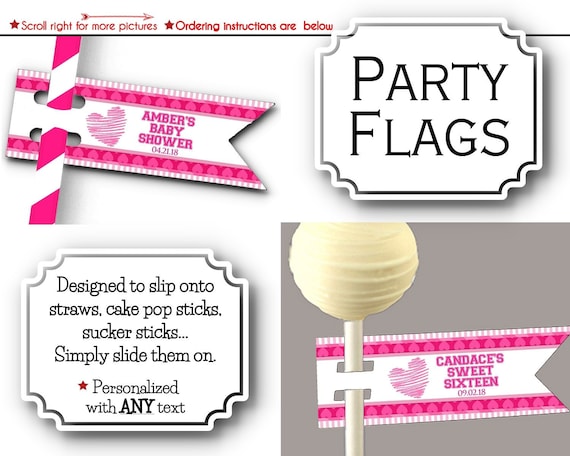 Flags for Straws, Sucker Tags, Cake Pop Tags, Bridal Shower, Bachelorette Party, Baby Shower, Birthday, Pink & Hot Pink, Stripes, Hearts Il_570xn