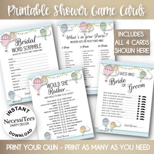 AFDRUKBARE bruidsfeestspellen, 4 bruidsfeestactiviteitenkaarten, heteluchtballonnen in pastelkleuren, direct downloaden