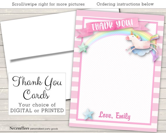 Thank You Note Cards, Digital or Printed, Unicorn, Pony, Rainbow, Pastel Colors, Pink Stripes, Birthday Party, Baby Shower Il_570xn