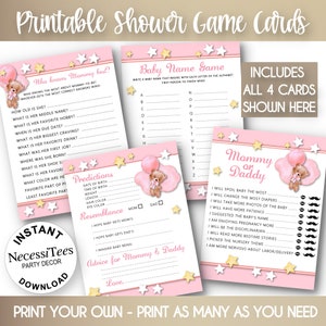 Jeux de fête pour baby shower à imprimer | Bébé ours et ballon | 4 cartes d'activités pour baby shower | Rose pastel