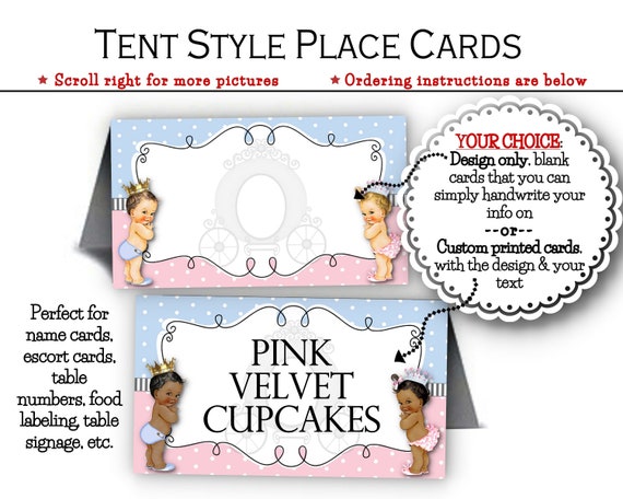 Tent Style Name Cards, Escort or Place Cards, Food Labels, Table Signs, Baby Gender Reveal or Baby Shower, Prince, Princess, Pink, Blue Il_570xn