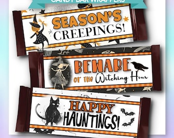 PRINTABLE Candy Bar Wrapper Templates | Halloween | Spooky Witches, Black Cats, Bats | PDFs | Instant Download
