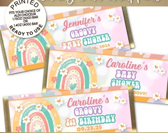 PRINTED Candy Bar Wrappers |  Fits Aldi Choceur Candy Bars | Party Favors | Groovy Baby 60's Theme | Pastels | Baby Shower, 1st Birthday