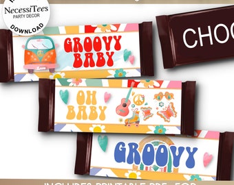 PRINTABLE | Baby Shower | Candy Bar Wrapper Templates | Groovy Baby Shower - 70's Theme | 3 PDFs | NON Editable | Instant Download